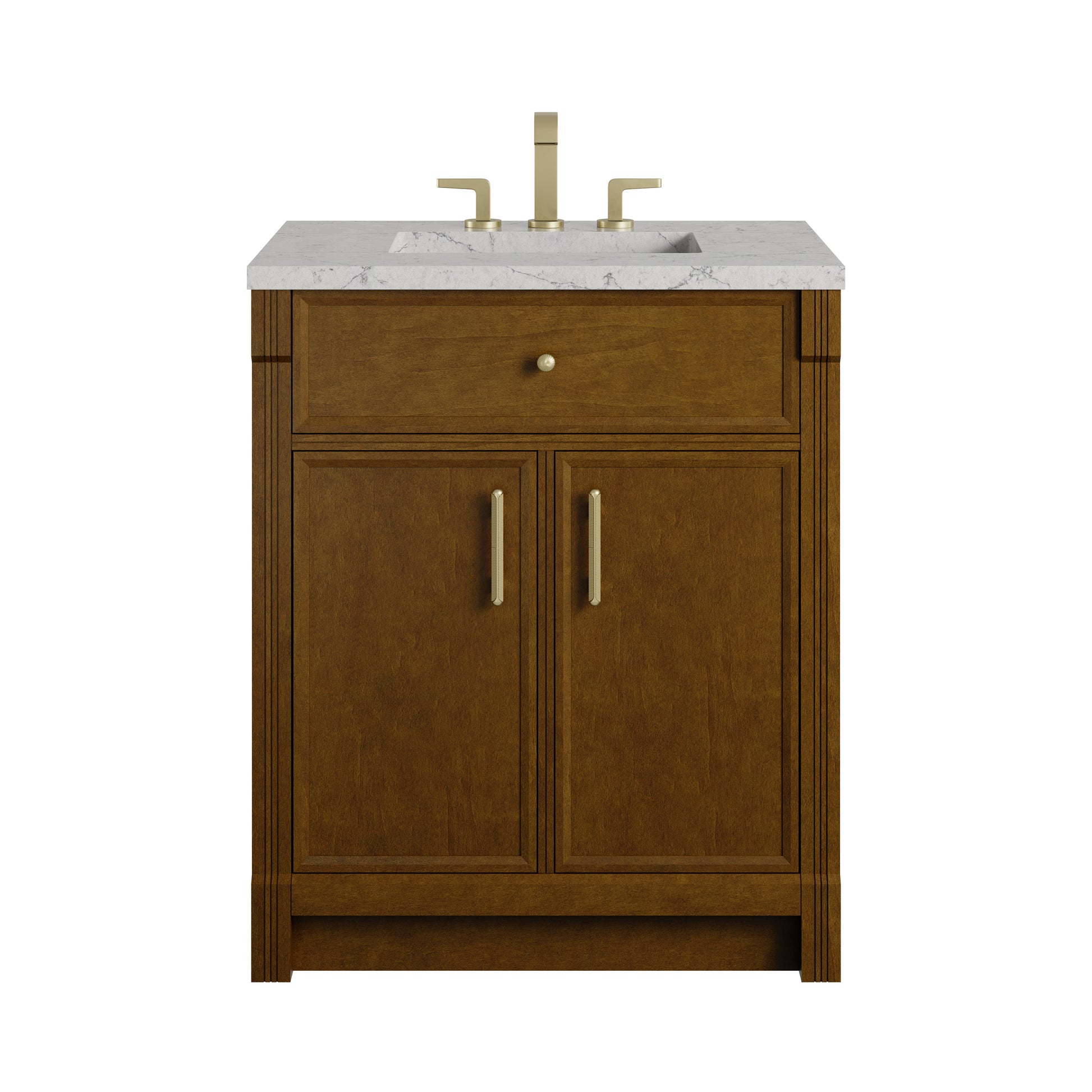 Renovate for Less Atlanta Bellshire 30" Single Vanity, Honey Oak w/ 3 CM Eternal Jasmine Pearl Silestone Top