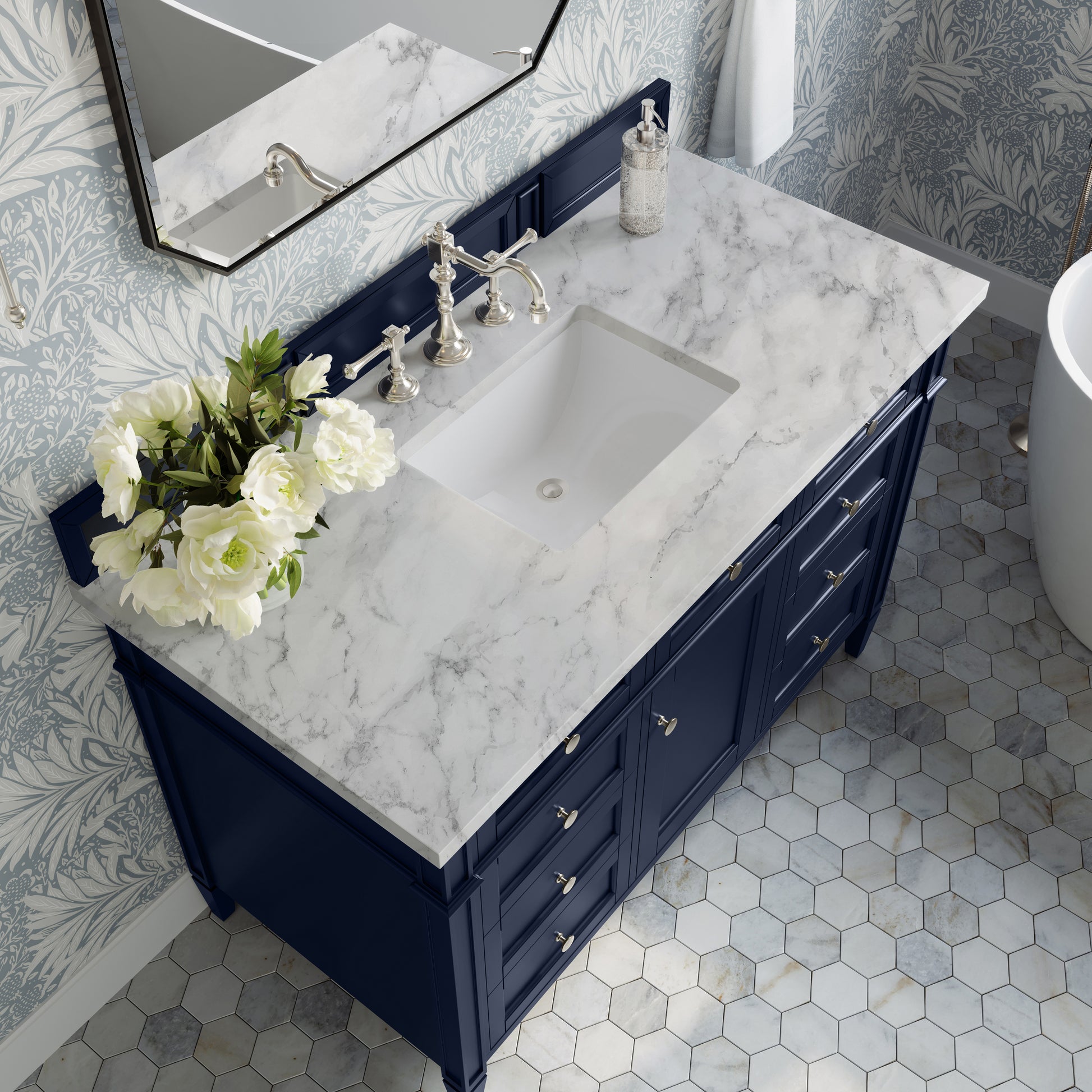 Renovate for Less Atlanta Brittany 48" Single Vanity, Victory Blue w/ 3 CM Carrara Marble Top