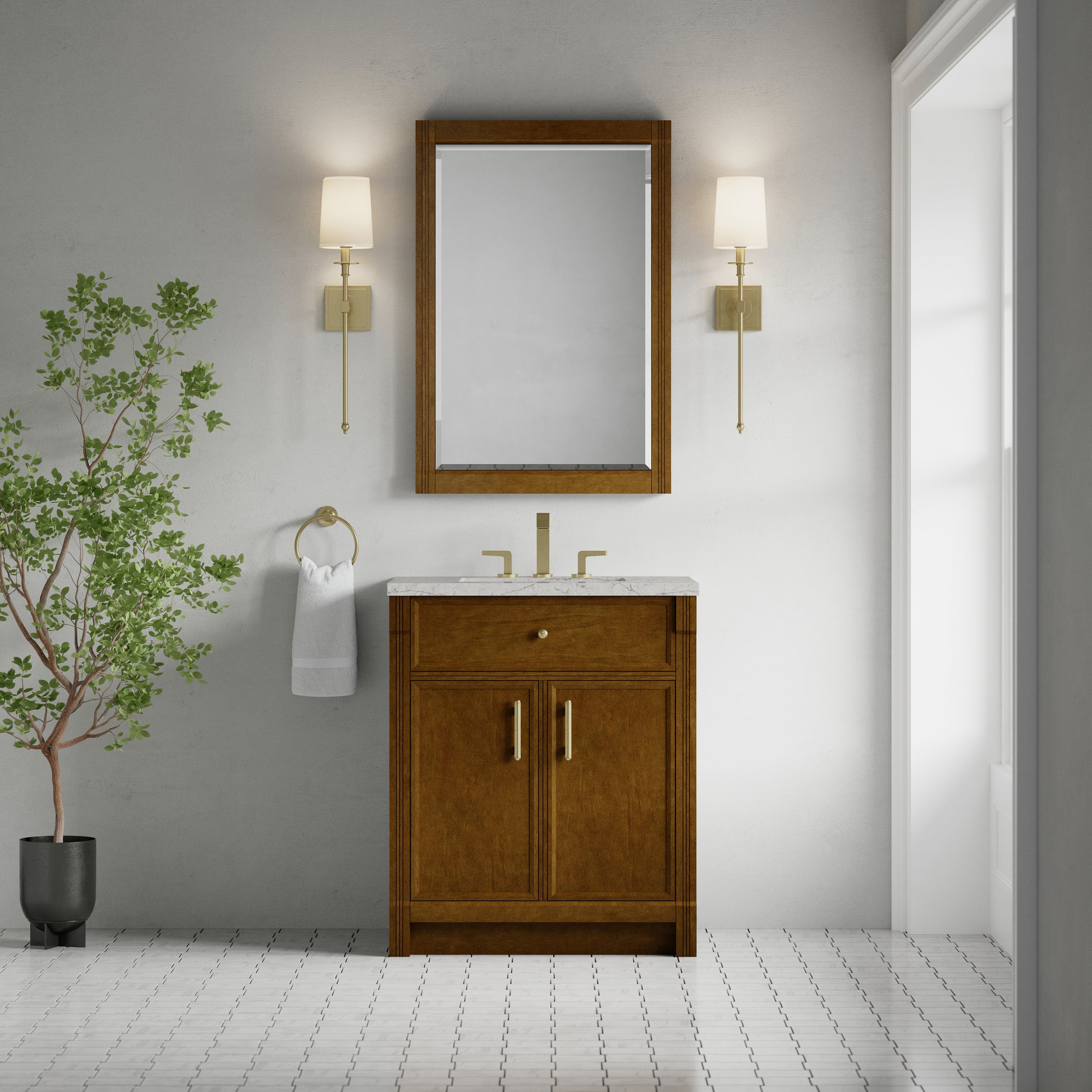 Renovate for Less Atlanta Bellshire 30" Single Vanity, Honey Oak w/ 3 CM Eternal Jasmine Pearl Silestone Top