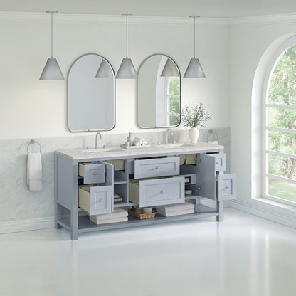 Renovate for Less Atlanta Breckenridge 72" Double Vanity, Serenity Blue, w/ 3 CM Eternal Jasmine Pearl Quartz Top w/FreePower Wireless Charger
