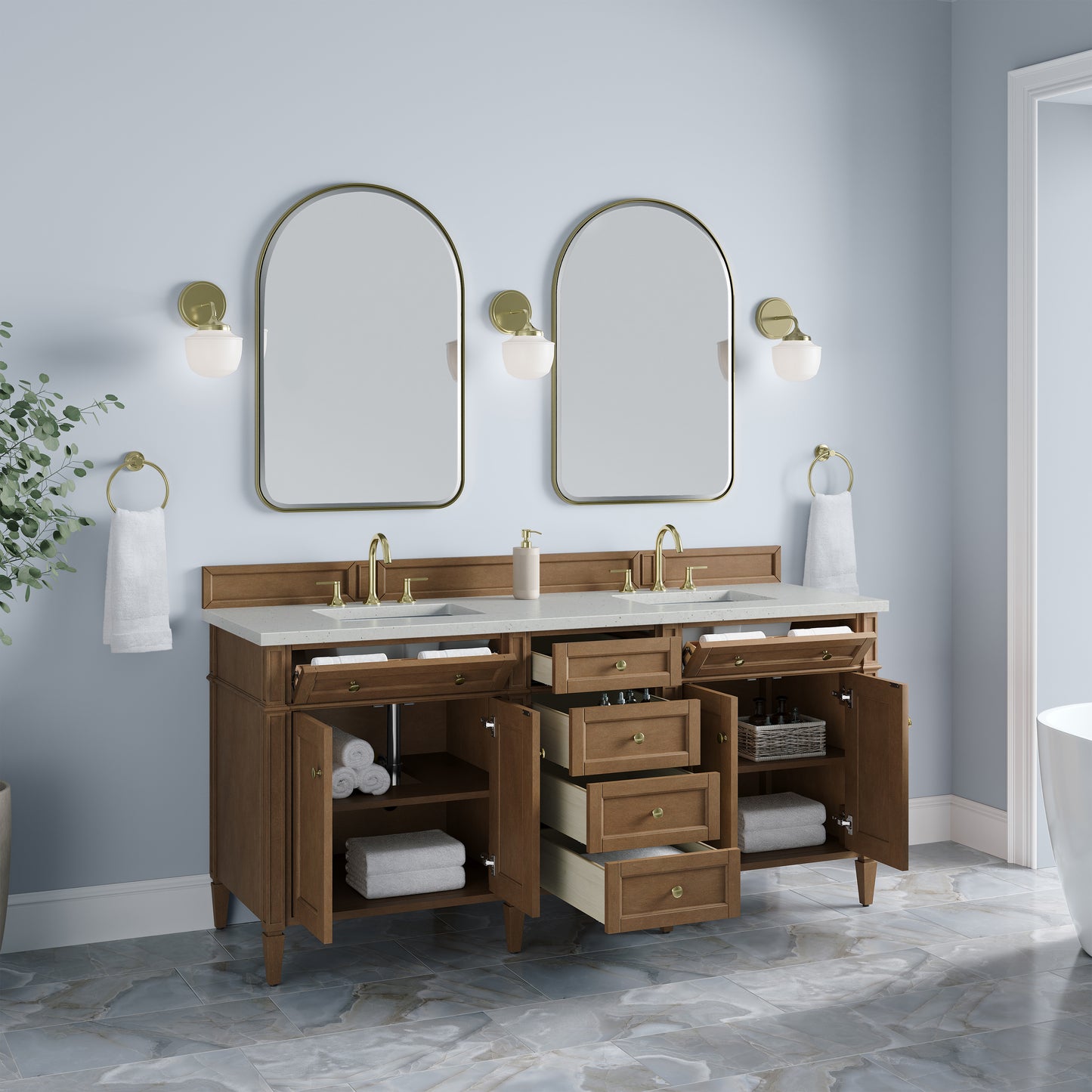 Renovate for Less Atlanta Brittany 72" Double Vanity, Pecan w/ 3 CM Lime Delight Silestone Top