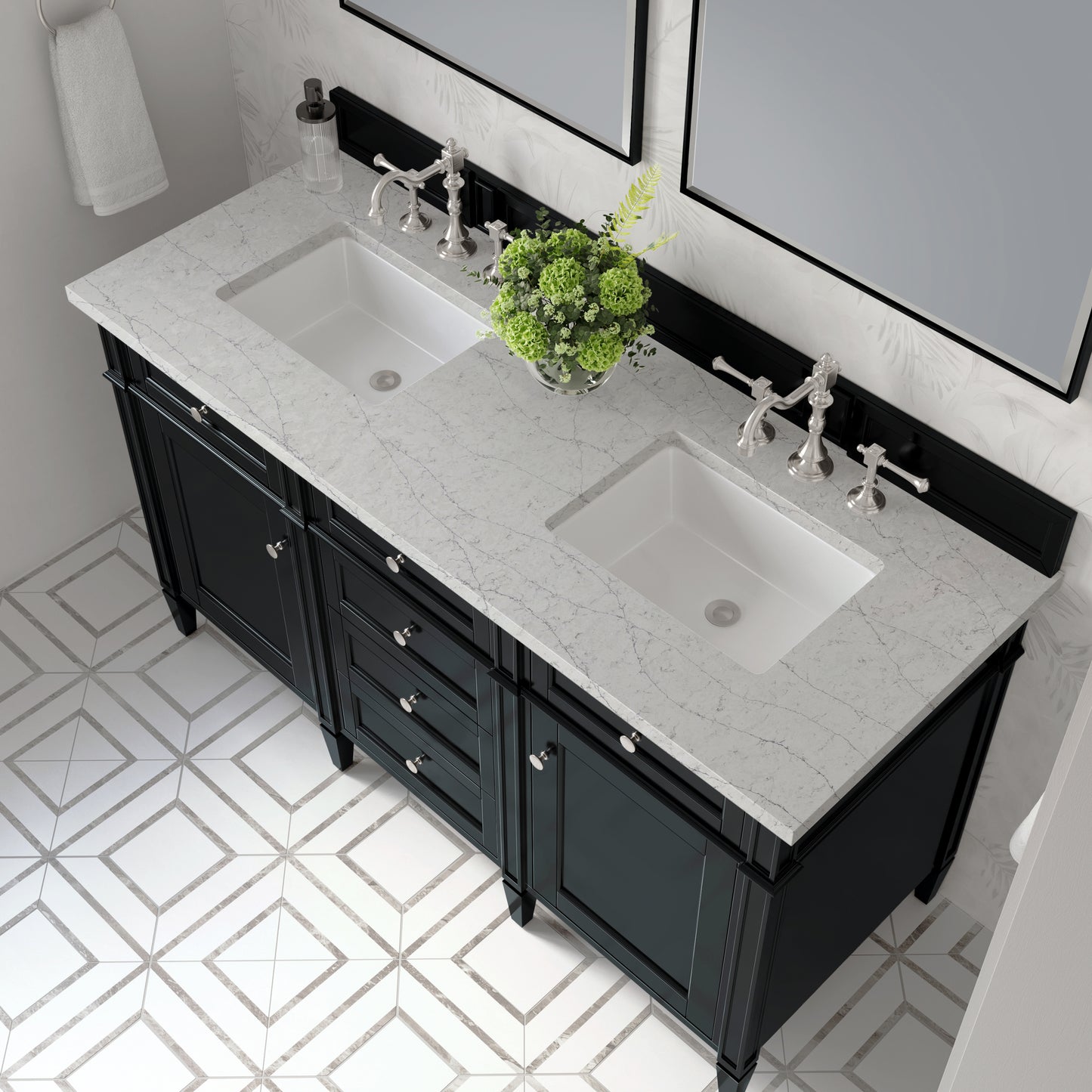 Renovate for Less Atlanta Brittany 60" Double Vanity, Black Onyx w/ 3 CM Eternal Jasmine Pearl Silestone Top