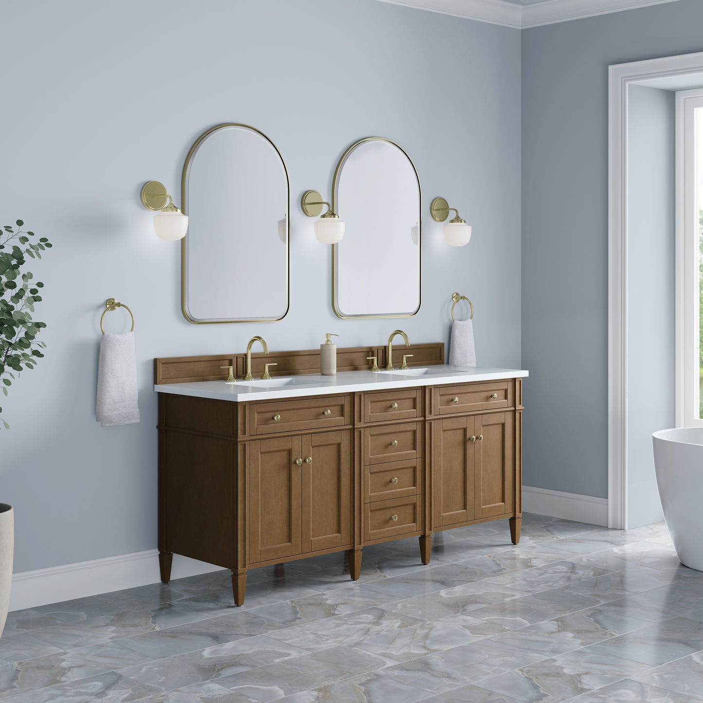Renovate for Less Atlanta Brittany 72" Double Vanity, Pecan w/ 3 CM White Zeus Silestone Top