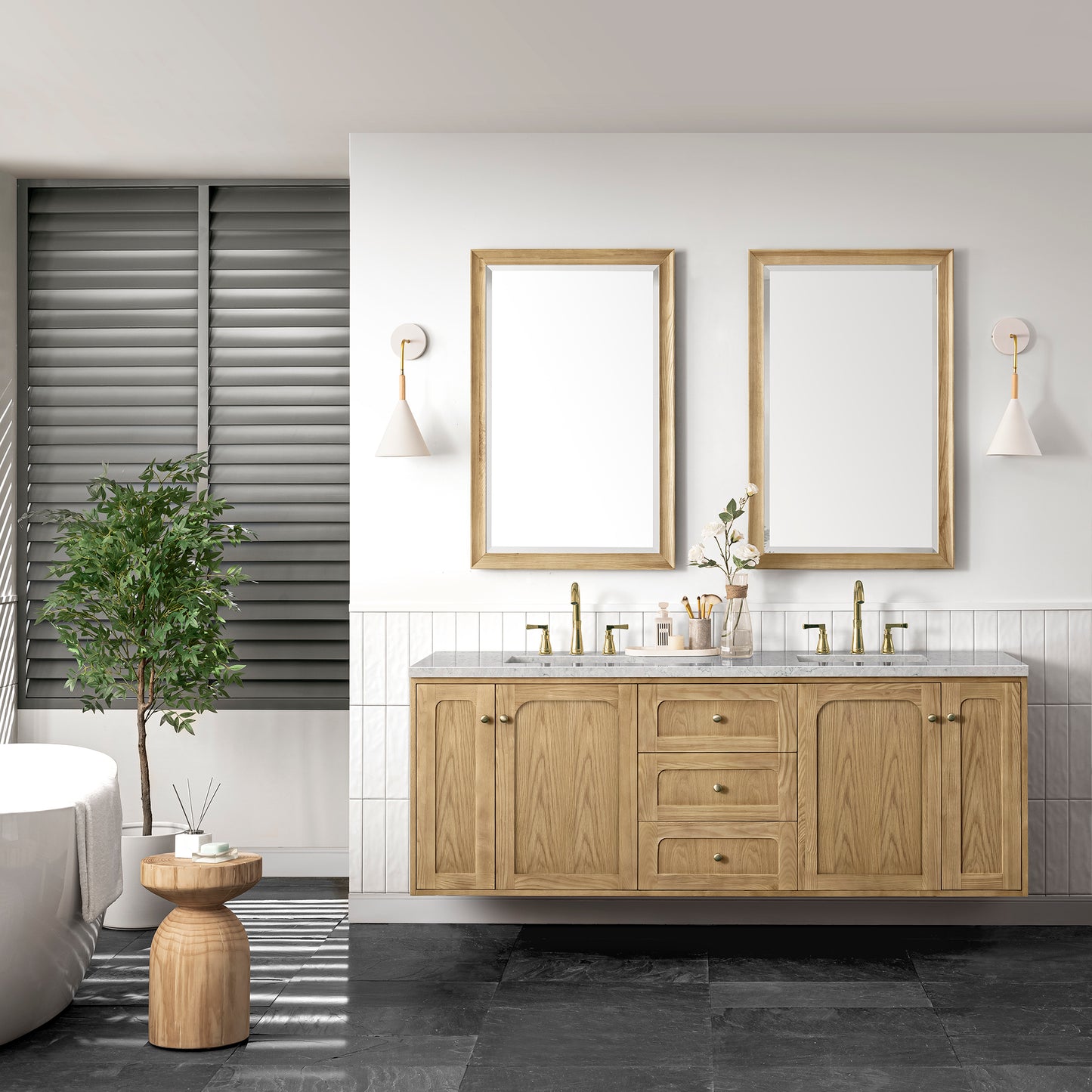 Renovate for Less Atlanta Laurent 72" Double Vanity, Light Natural Oak w/ 3 CM Eternal Jasmine Pearl Top w/FreePower Wireless Charger