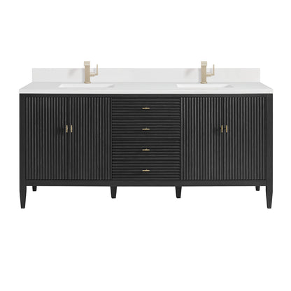 Renovate for Less Atlanta Myrrin 72" Vanity, Carbon Oak w/ Single Hole 3 CM White Zeus Silestone Top & Backsplash