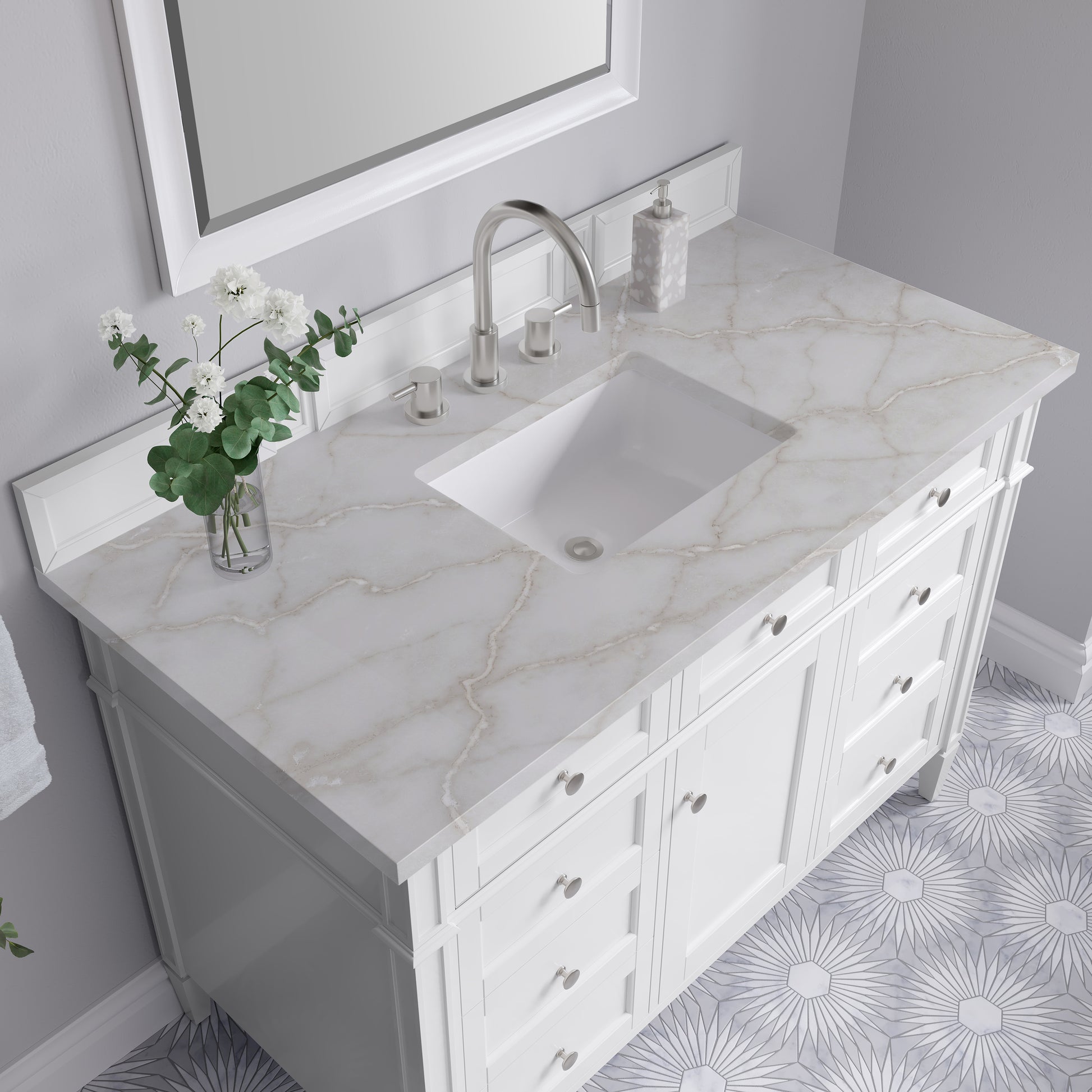 Renovate for Less Atlanta Brittany 48" Single Vanity, Bright White w/ 3 CM Victorian Silver Silestone Top