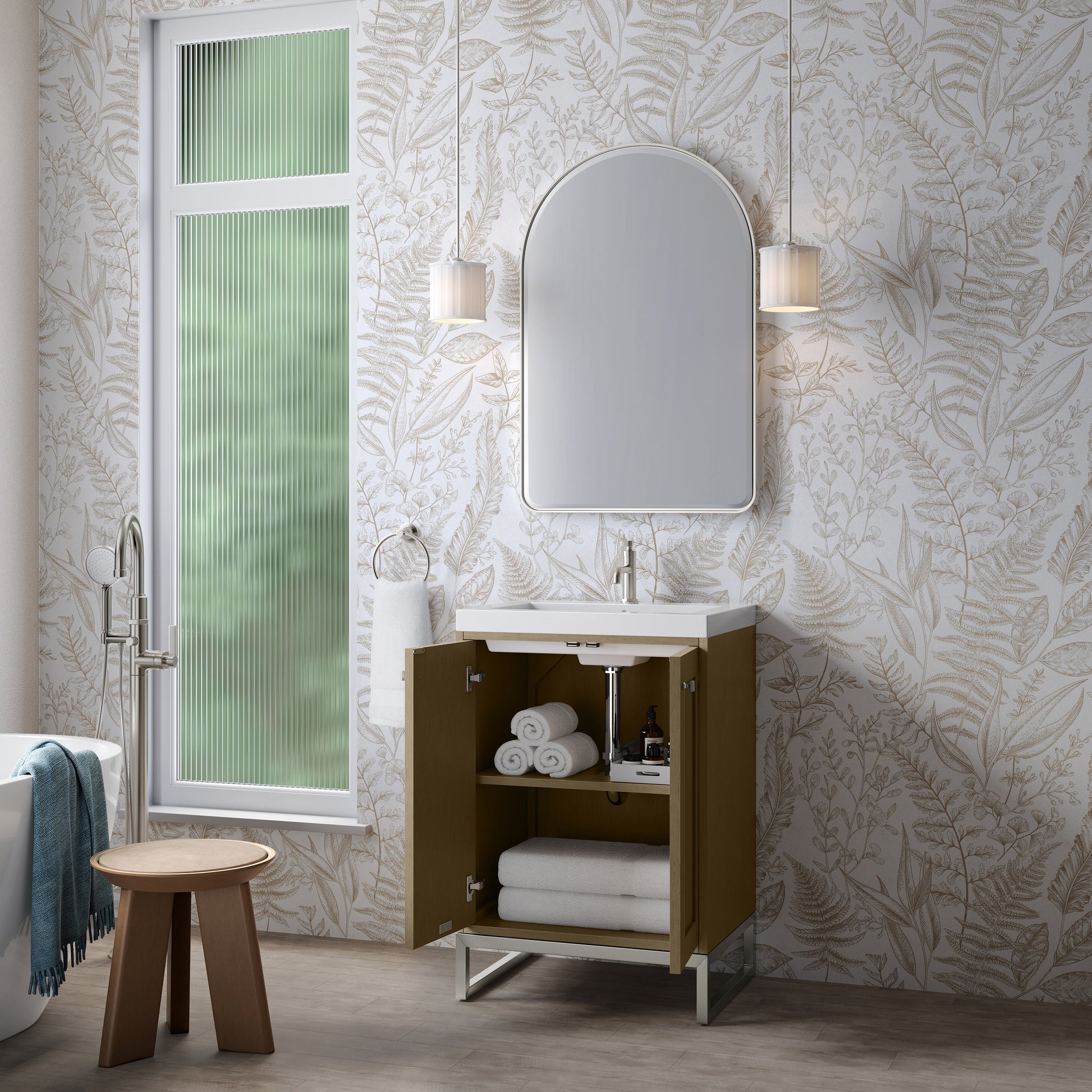 Renovate for Less Atlanta Chianti 24" Single Vanity, Walnut Whisper, Brushed Nickel, w/ White Glossy Composite Stone Top