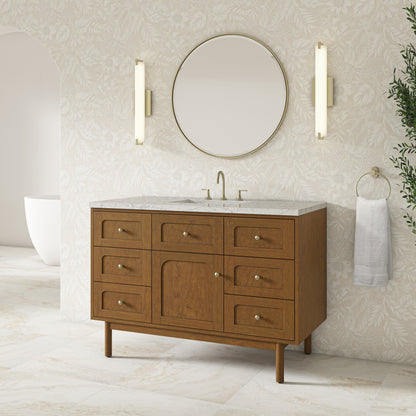 Renovate for Less Atlanta Laurent 48" Single Vanity, Honey Oak w/ 3 CM Eternal Jasmine Pearl Silestone Top w/FreePower Wireless Charger