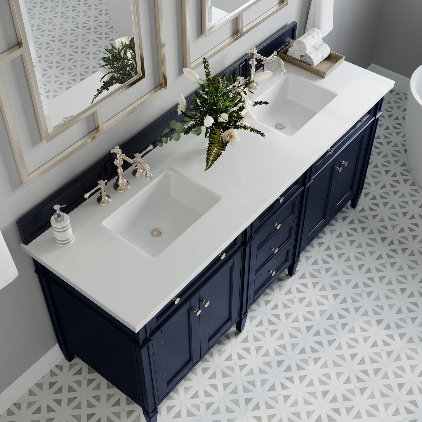 Renovate for Less Atlanta Brittany 72" Double Vanity, Victory Blue w/ 3 CM White Zeus Silestone Top