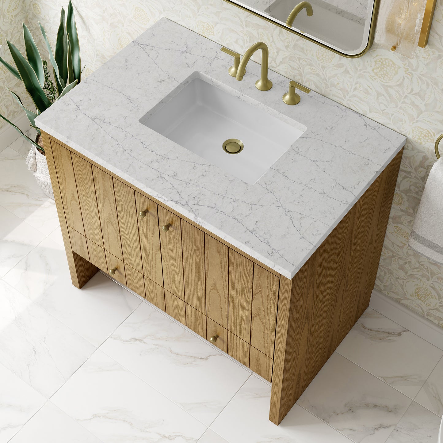 Renovate for Less Atlanta Hudson 36" Single Vanity, Light Natural Oak w/ 3 CM Eternal Jasmine Pearl Top