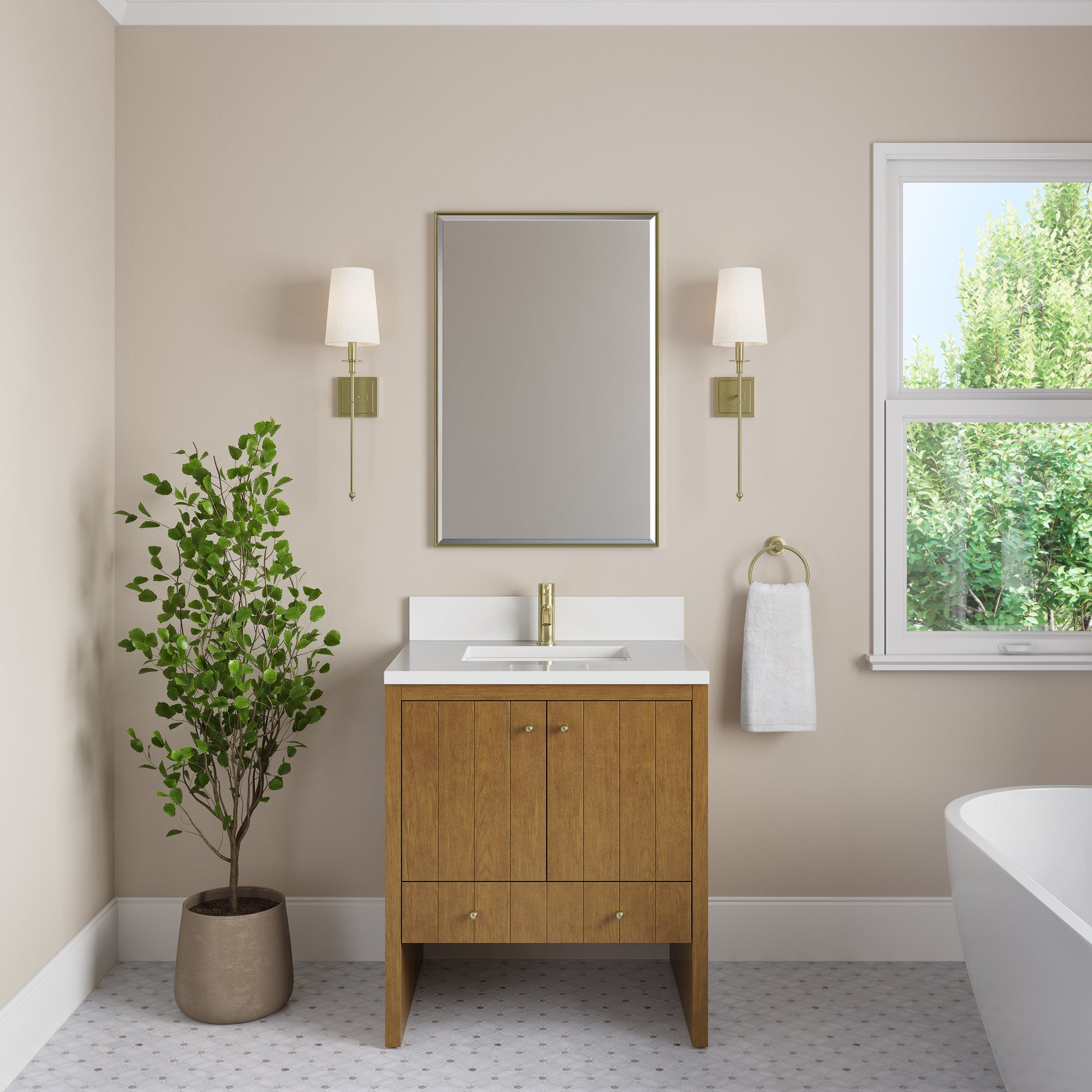 Renovate for Less Atlanta Hudson 30" Single Vanity, Honey Oak w/ Single Hole 3 CM White Zeus Silestone Top and Matching Backsplash