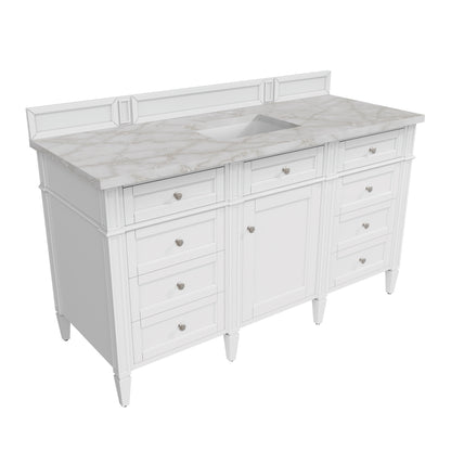Renovate for Less Atlanta Brittany 60" Single Vanity, Bright White w/ 3 CM Victorian Silver Silestone Top w/FreePower Wireless Charger