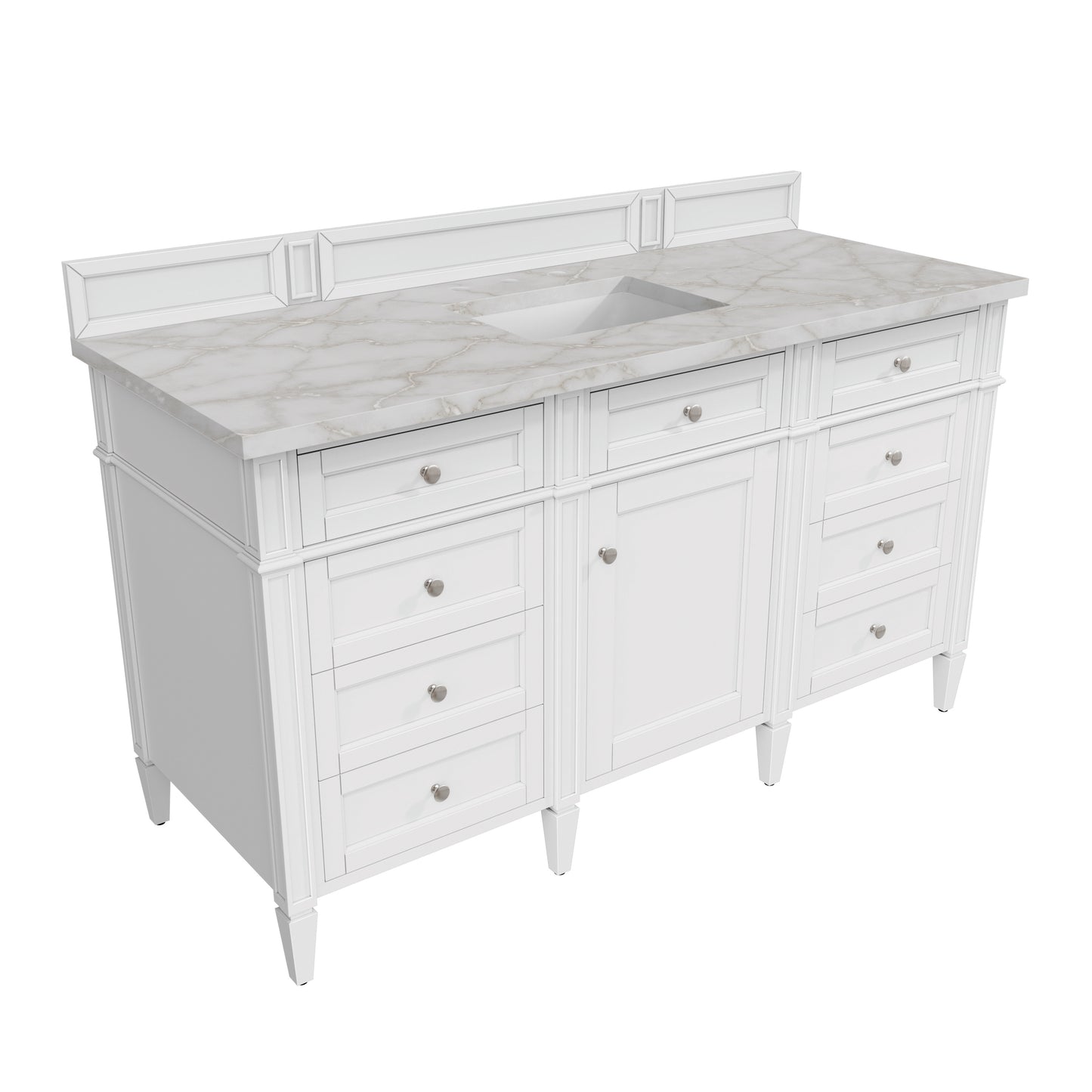 Renovate for Less Atlanta Brittany 60" Single Vanity, Bright White w/ 3 CM Victorian Silver Silestone Top