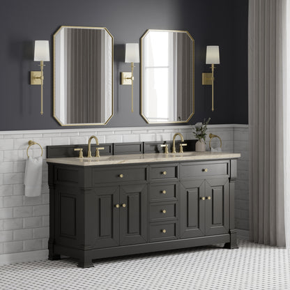 Renovate for Less Atlanta Brookfield 72" Double Vanity, Black Onyx, w/ 3 CM Tajnar Eclos Top w/FreePower Wireless Charger