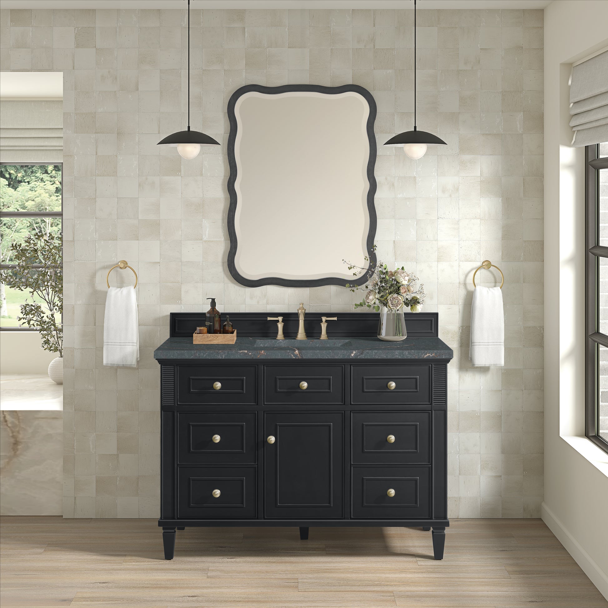 Renovate for Less Atlanta Lorelai 48" Single Vanity, Black Onyx w/ 3 CM Parisien Bleu Silestone Top w/FreePower Wireless Charger