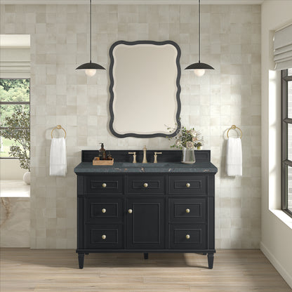 Renovate for Less Atlanta Lorelai 48" Single Vanity, Black Onyx w/ 3 CM Parisien Bleu Silestone Top w/FreePower Wireless Charger