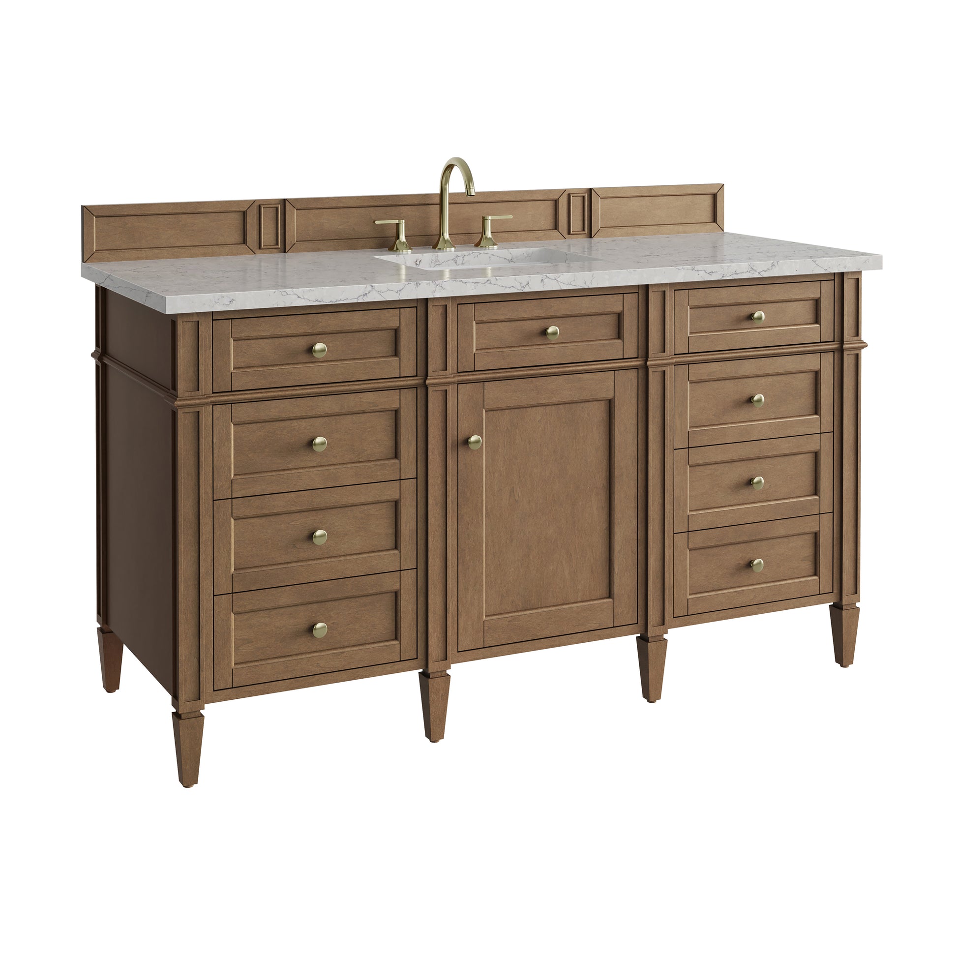 Renovate for Less Atlanta Brittany 60" Single Vanity, Pecan w/ 3 CM Eternal Jasmine Pearl Silestone Top w/FreePower Wireless Charger