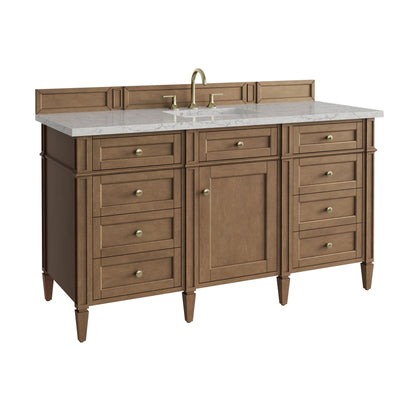 Renovate for Less Atlanta Brittany 60" Single Vanity, Pecan w/ 3 CM Eternal Jasmine Pearl Silestone Top w/FreePower Wireless Charger