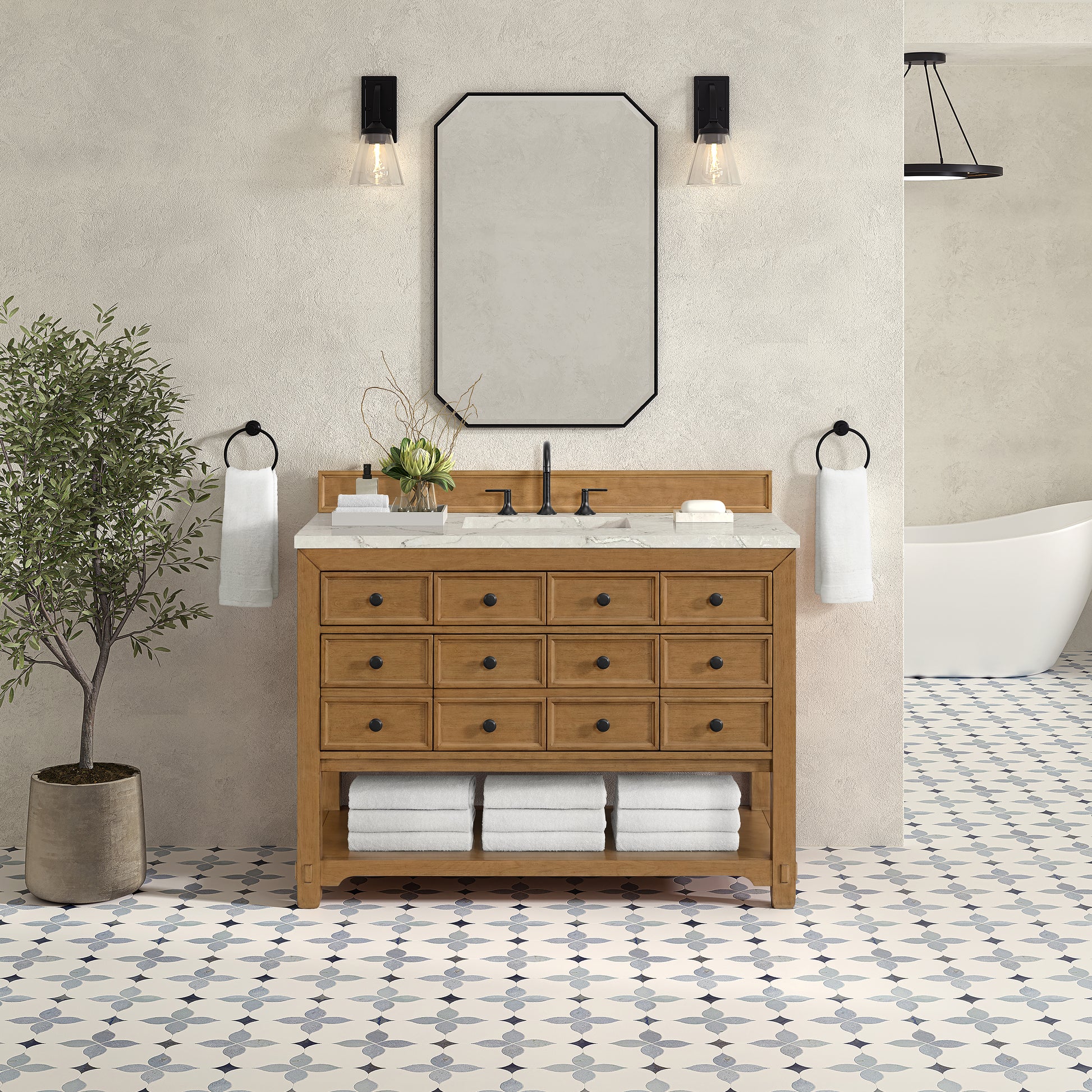 Renovate for Less Atlanta Malibu 48" Single Vanity, Amber Birch w/ 3 CM Victorian Silver Silestone Top