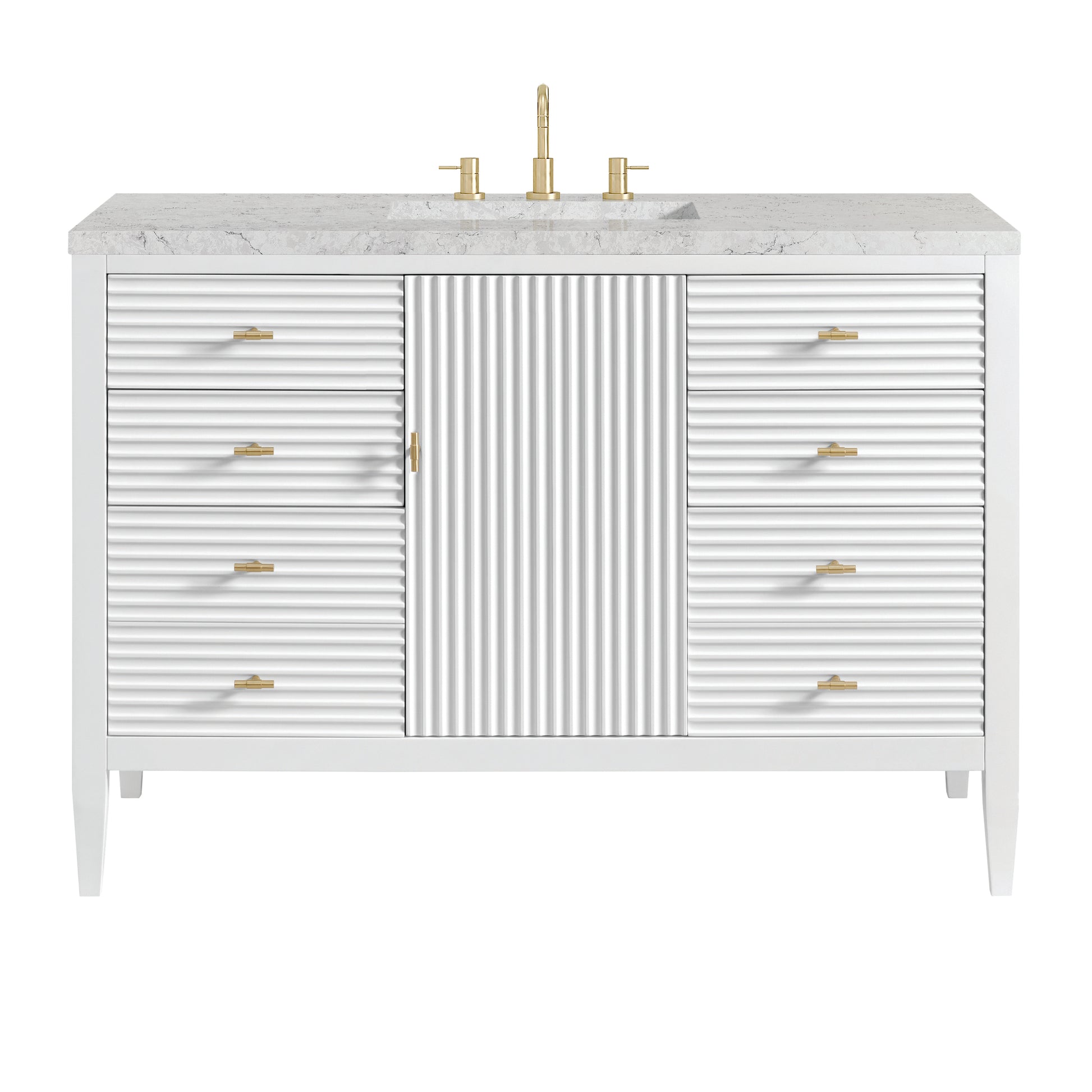 Renovate for Less Atlanta Myrrin 48" Single Vanity, Bright White w/ 3 CM Eternal Jasmine Pearl Silestone Top w/FreePower Wireless Charger