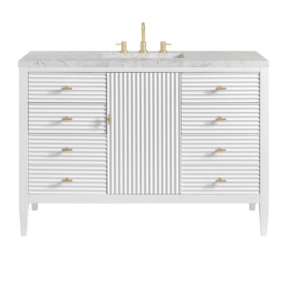 Renovate for Less Atlanta Myrrin 48" Single Vanity, Bright White w/ 3 CM Eternal Jasmine Pearl Silestone Top w/FreePower Wireless Charger