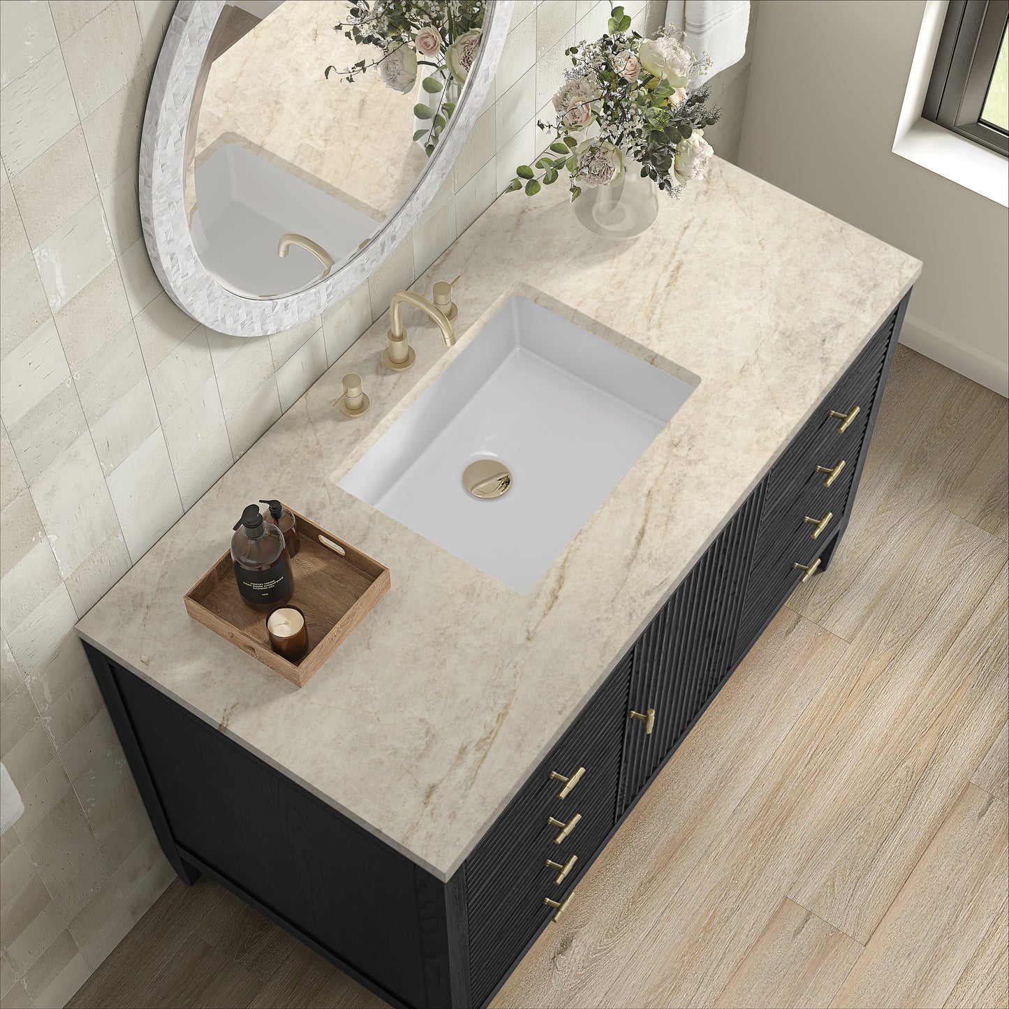 Renovate for Less Atlanta Myrrin 48" Single Vanity, Carbon Oak, w/ 3 CM Tajnar Eclos Top