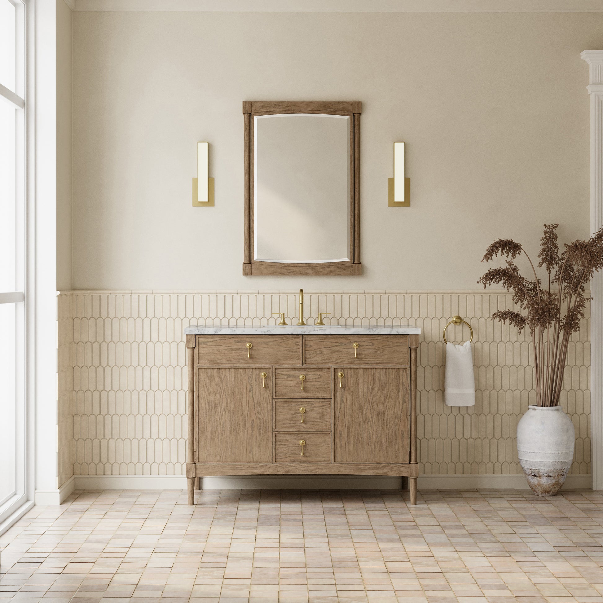 Renovate for Less Atlanta Kinnsden 48" Single Vanity, Weathered Oak w/ 3 CM Carrara Marble Top