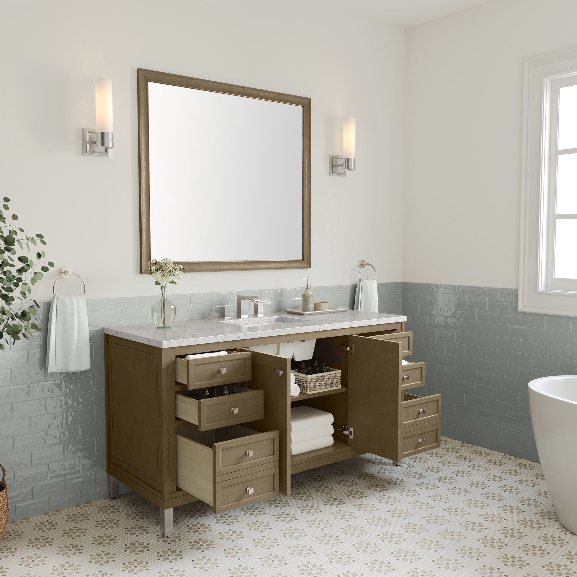 Renovate for Less Atlanta Chicago 60" Single Vanity, Walnut Whisper, w/ 3 CM Eternal Jasmine Pearl Silestone® Top