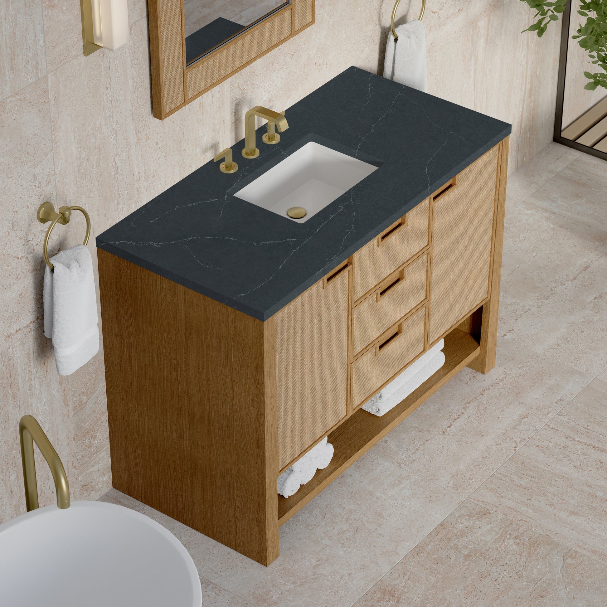 Renovate for Less Atlanta Solene 48" Single Vanity, Seaside Oak, w/ 3 CM Charcoal Soapstone Quartz Top