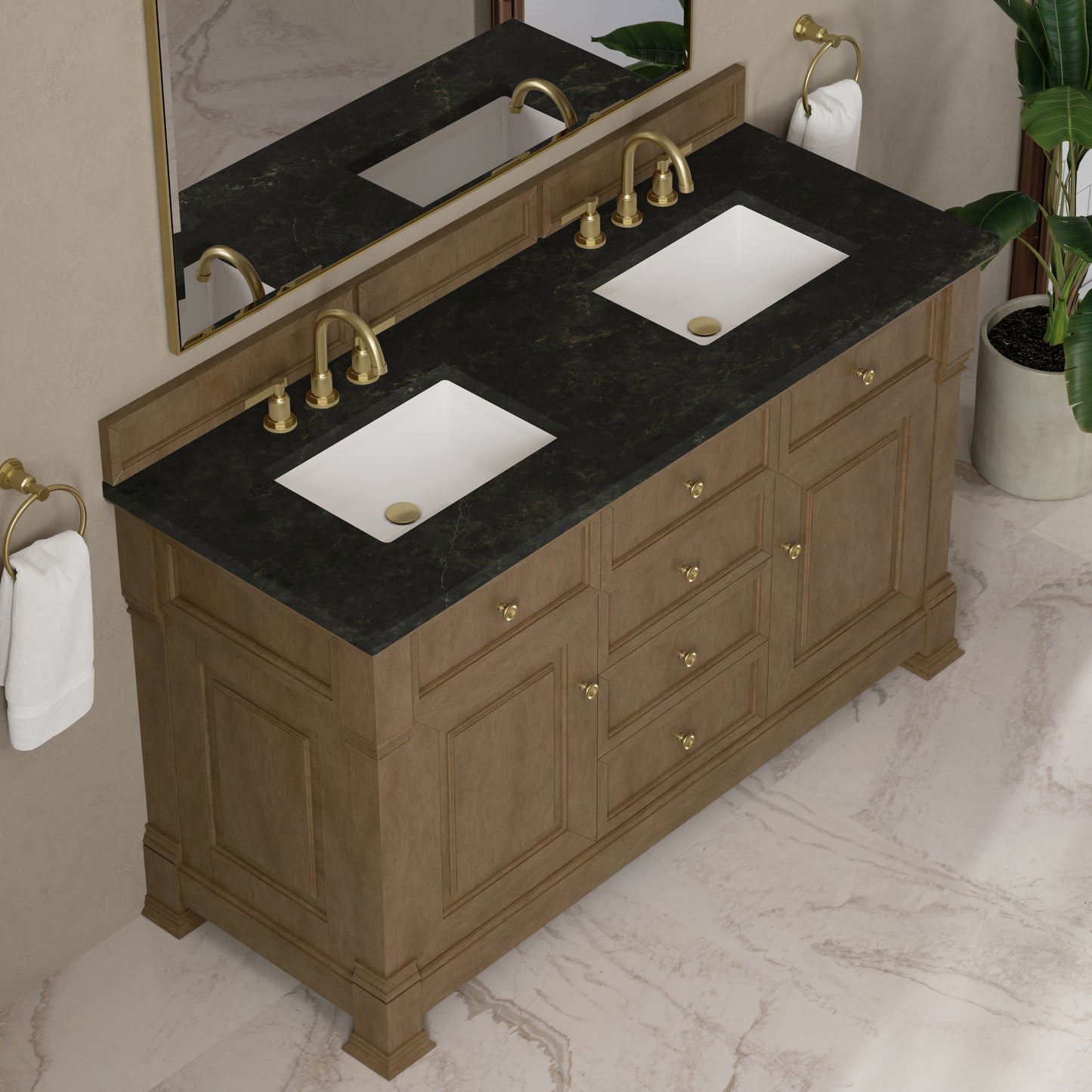 Renovate for Less Atlanta Brookfield 60" Double Vanity, Pecan, w/ 3 CM Phantome Eclos Top