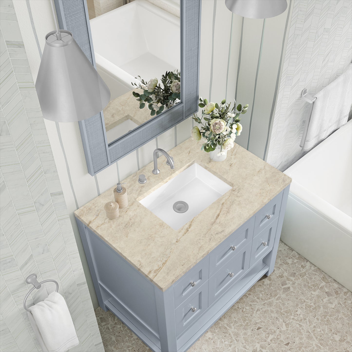 Renovate for Less Atlanta Breckenridge 36" Single Vanity, Serenity Blue, w/ 3 CM Tajnar Eclos Top