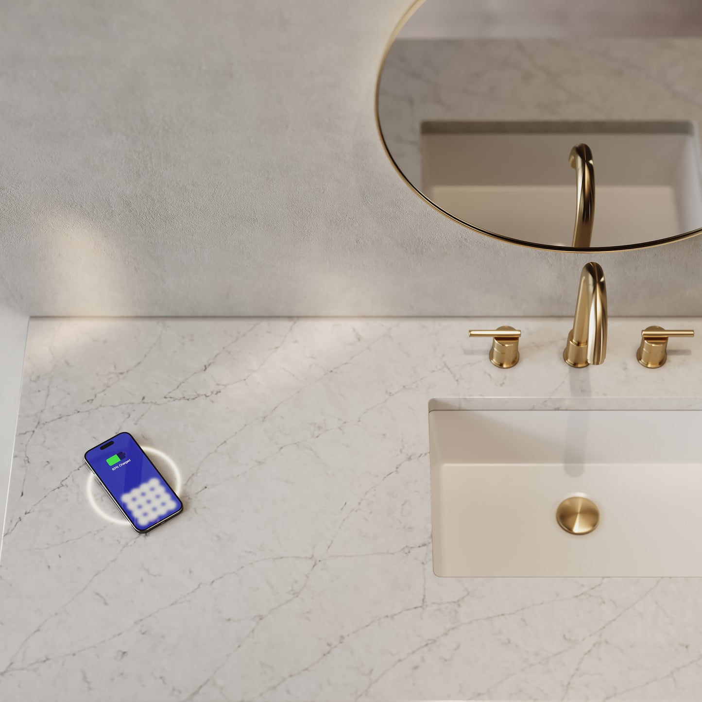 Renovate for Less Atlanta Amberly 60" Single Vanity, Mid-Century Walnut w/ 3 CM Eternal Jasmine Pearl Top w/FreePower Wireless Charger