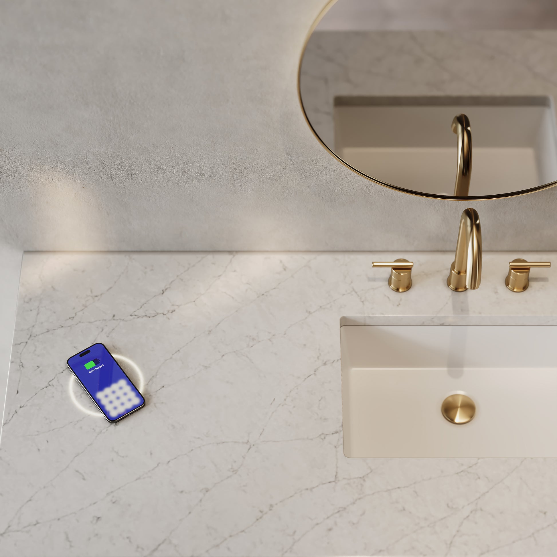 Renovate for Less Atlanta Amberly 60" Single Vanity, Mid-Century Walnut w/ 3 CM Eternal Jasmine Pearl Top w/FreePower Wireless Charger