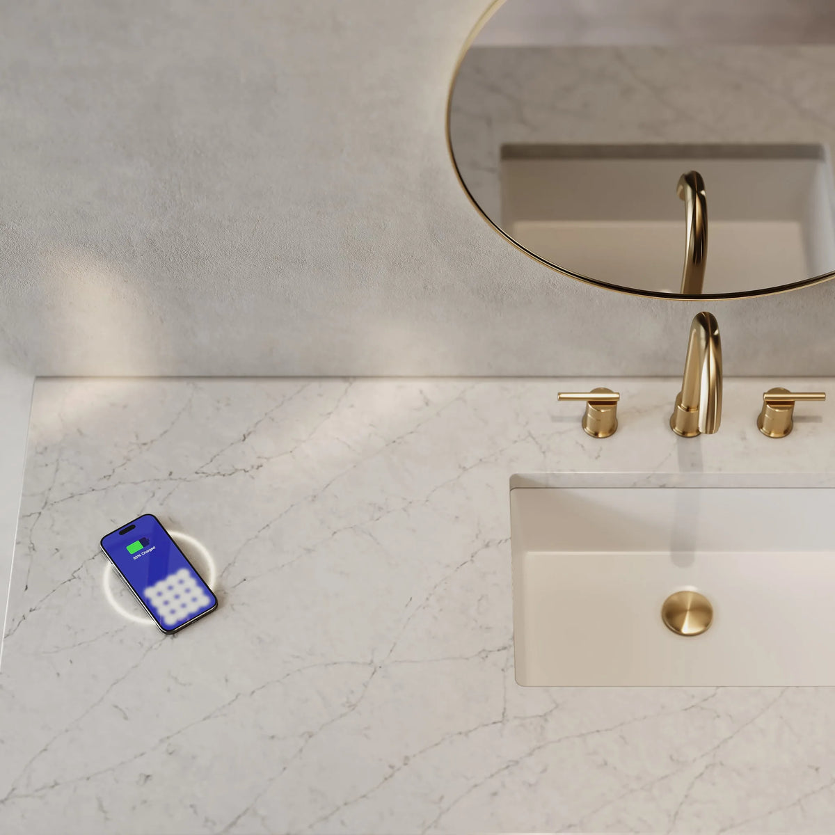 Amberly 60" Single Vanity, Mid-Century Walnut w/ 3 CM Eternal Jasmine Pearl Top w/FreePower Wireless Charger