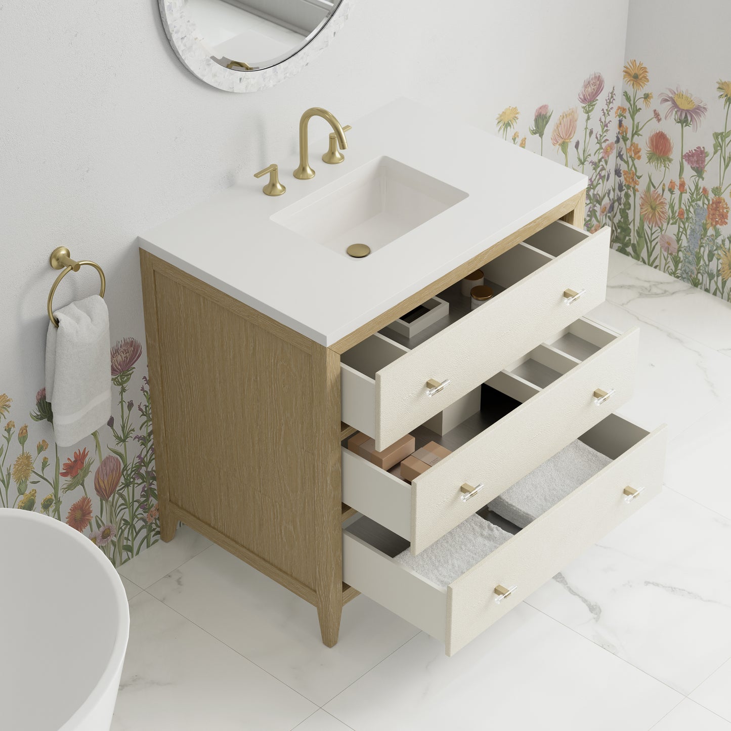 Renovate for Less Atlanta Celeste 36" Single Vanity, Sunwashed Oak with Embossed Shagreen w/ 3 CM White Zeus Silestone Top