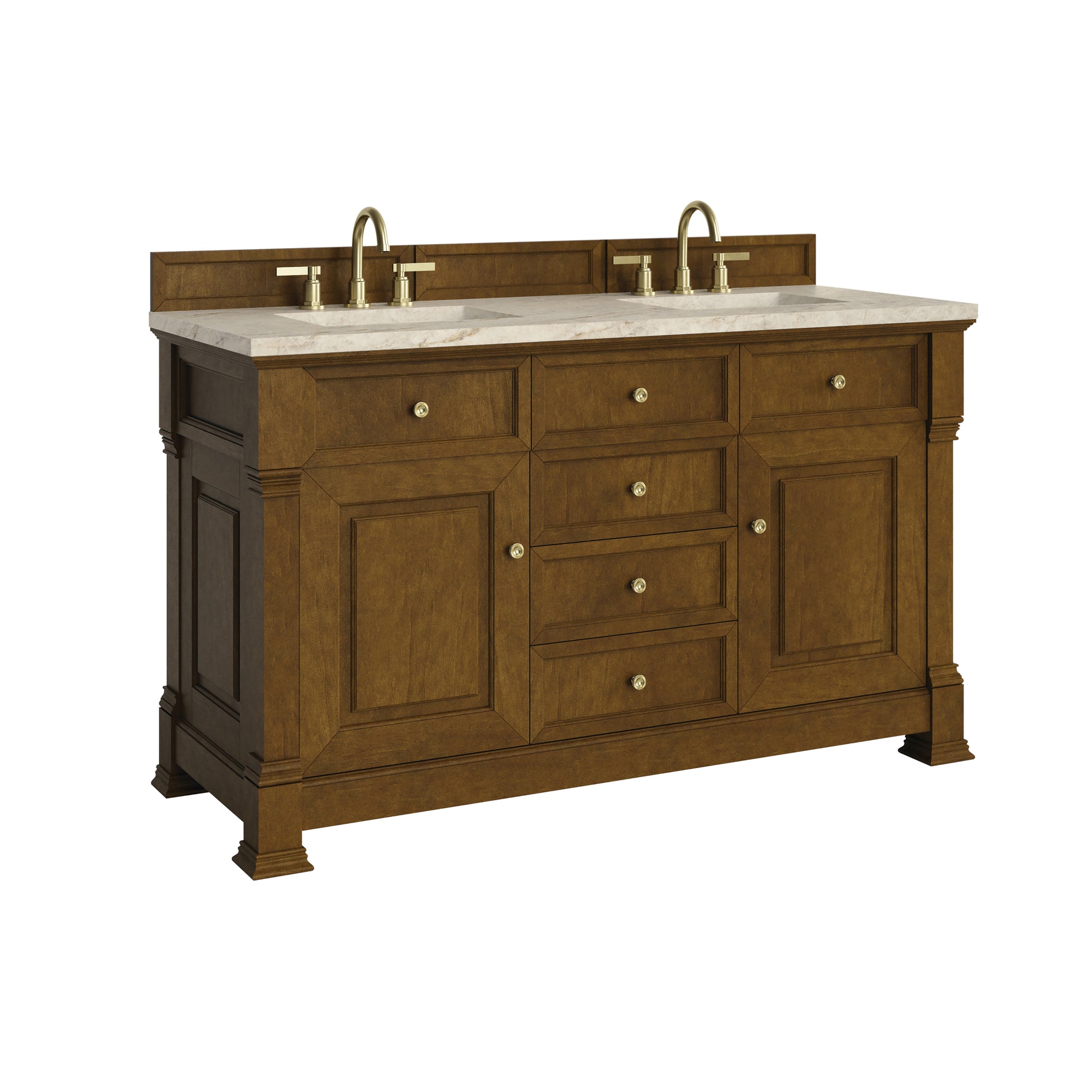 Renovate for Less Atlanta Brookfield 60" Double Vanity, Honey Oak, w/ 3 CM Tajnar Eclos Top w/FreePower Wireless Charger