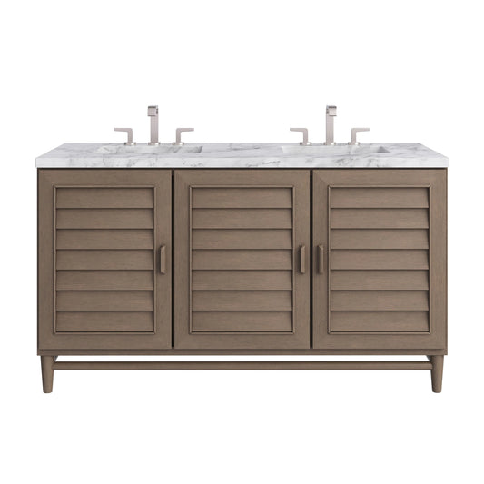 Portland 60" Double Vanity Whitewashed Walnut w/ 3 CM Carrara Marble Top