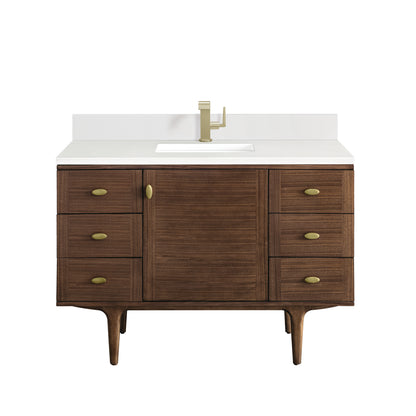 Renovate for Less Atlanta Amberly 48" Single Vanity, Mid-Century Walnut w/ Single Hole 3 CM White Zeus Top & Backsplash