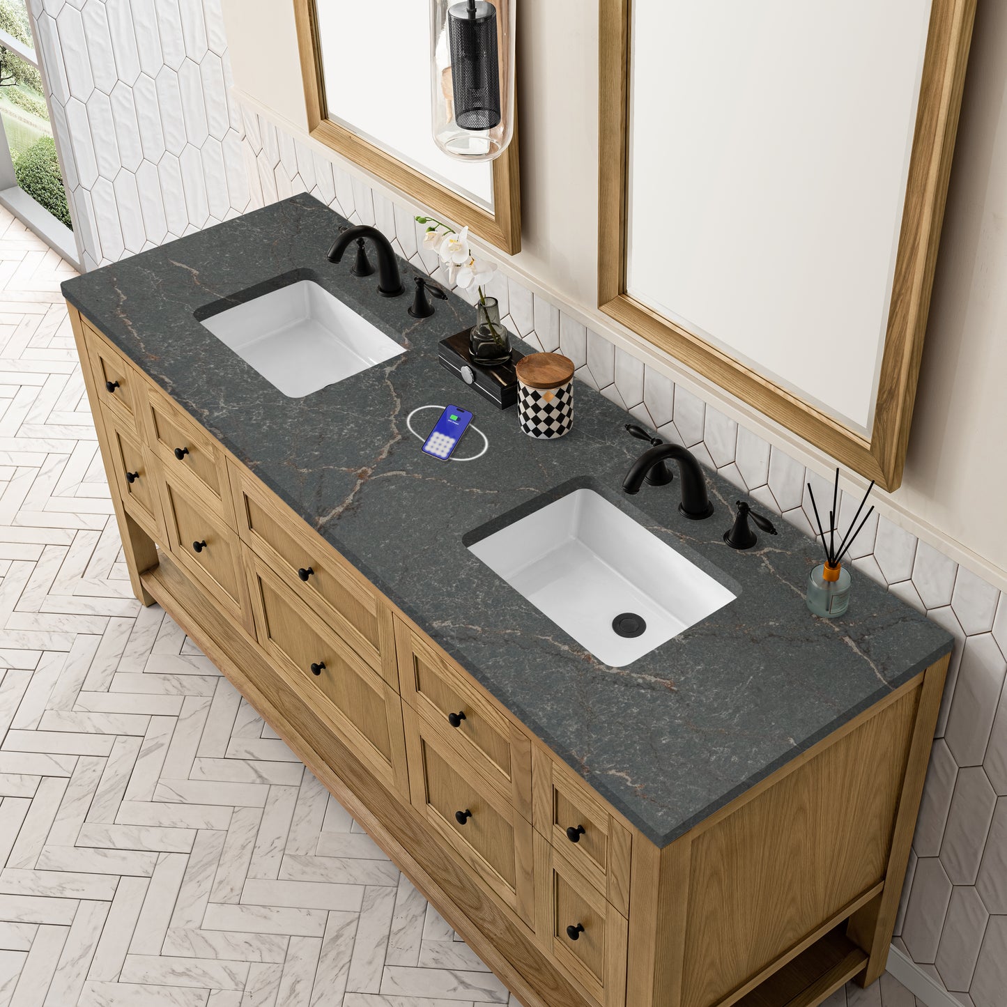 Renovate for Less Atlanta Breckenridge 72" Double Vanity, Light Natural Oak w/ 3 CM Parisien Bleu Top w/FreePower Wireless Charger