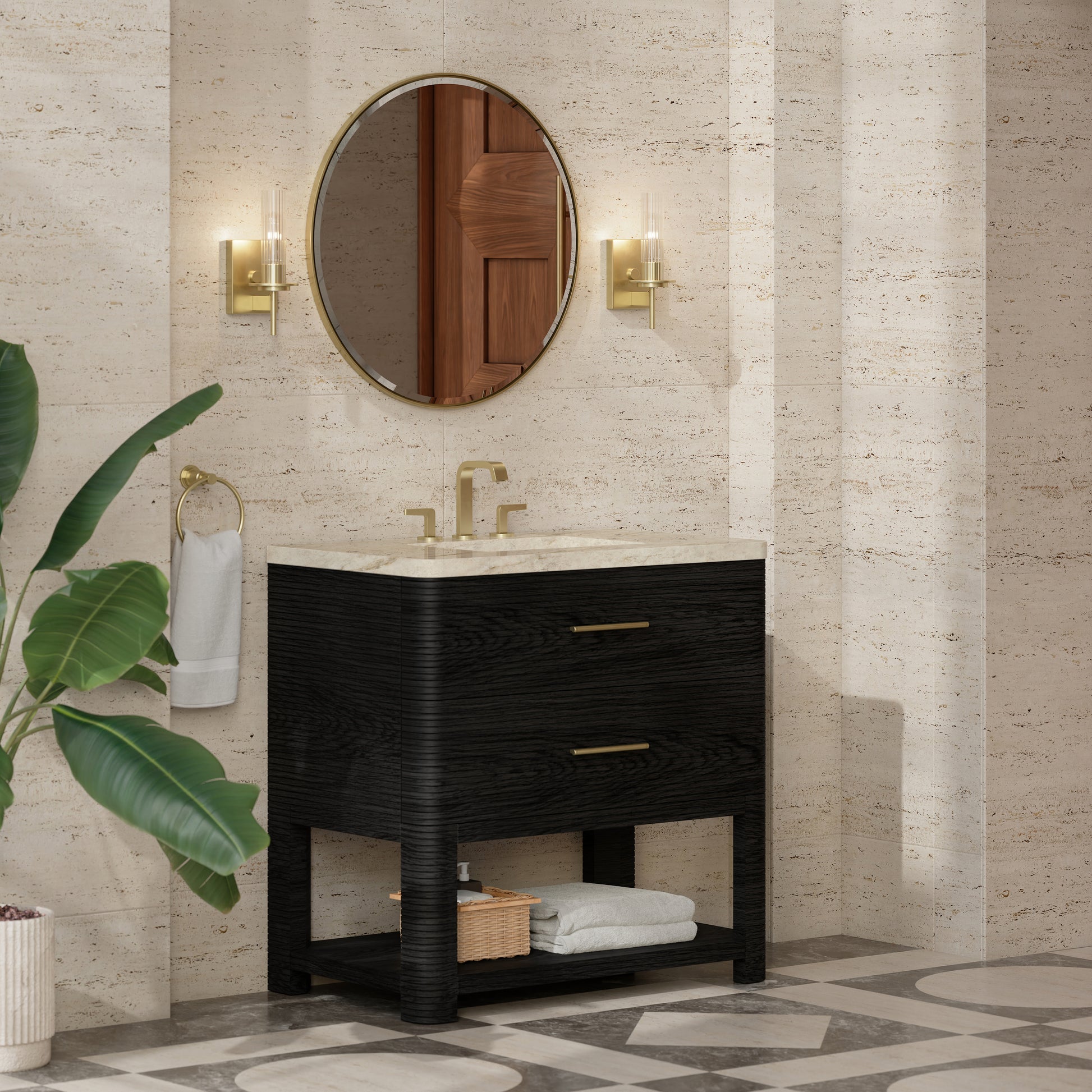 Renovate for Less Atlanta Lucian 36" Single Vanity, Carbon Oak, w/ 3 CM Tajnar Eclos Widespread Top