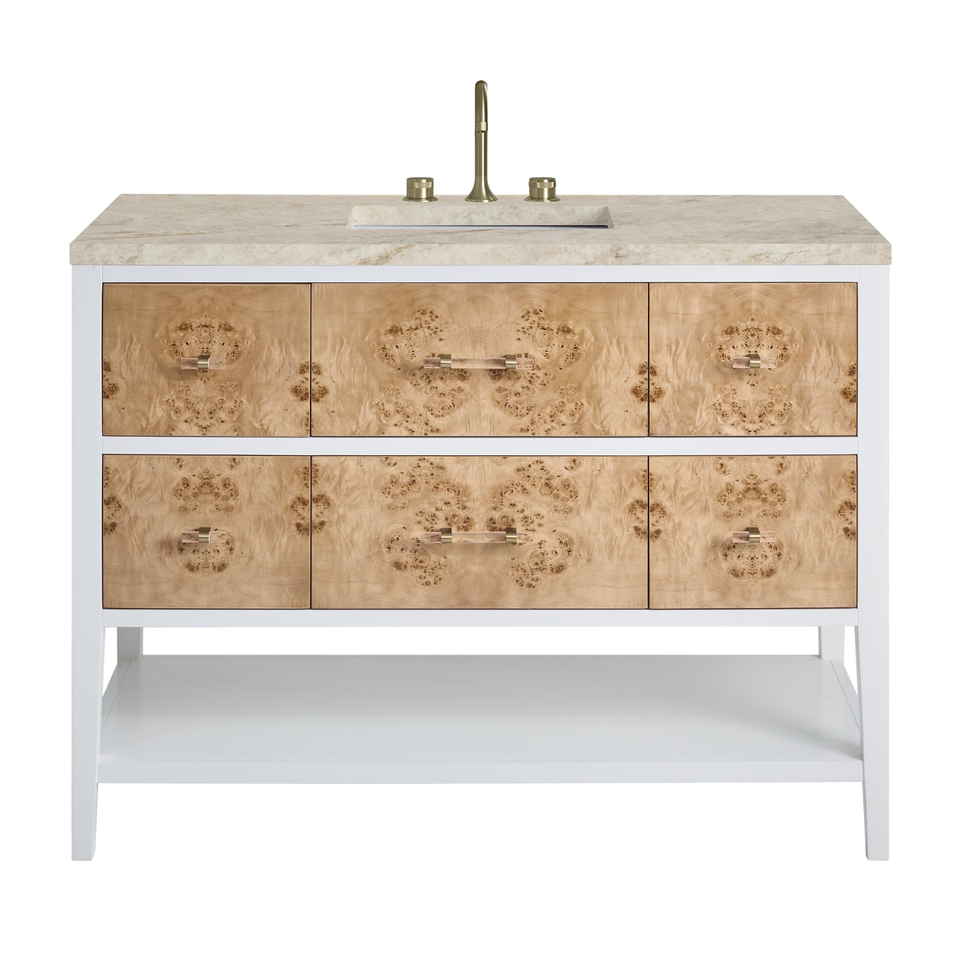 Renovate for Less Atlanta Olena 48" Single Vanity, Light Mappa Burl and Polished White, w/ 3 CM Tajnar Eclos Top w/FreePower Wireless Charger