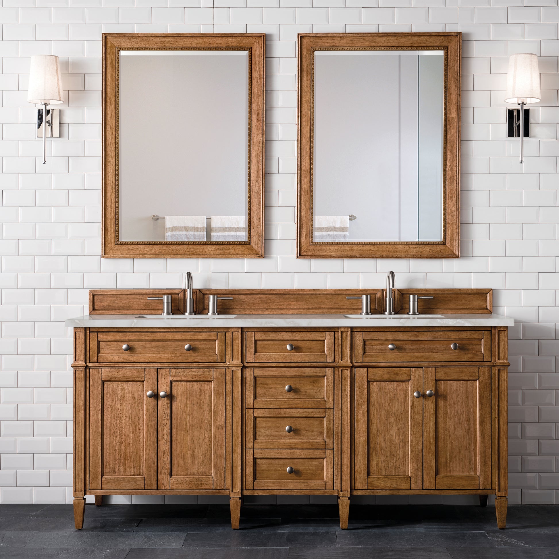 Renovate for Less Atlanta Brittany 72" Double Vanity, Saddle Brown w/ 3 CM Victorian Silver Silestone Top w/FreePower Wireless Charger
