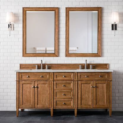 Renovate for Less Atlanta Brittany 72" Double Vanity, Saddle Brown w/ 3 CM Victorian Silver Silestone Top w/FreePower Wireless Charger