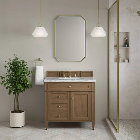 Brittany 36" Single Vanity, Pecan w/ 3 CM Carrara Marble Top
