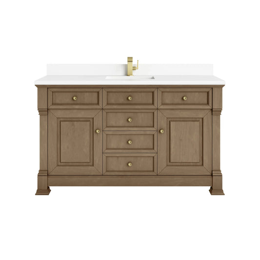 Brookfield 60" Single Vanity, Pecan w/ Single Hole 3CM White Zeus Silestone Top & Backsplash