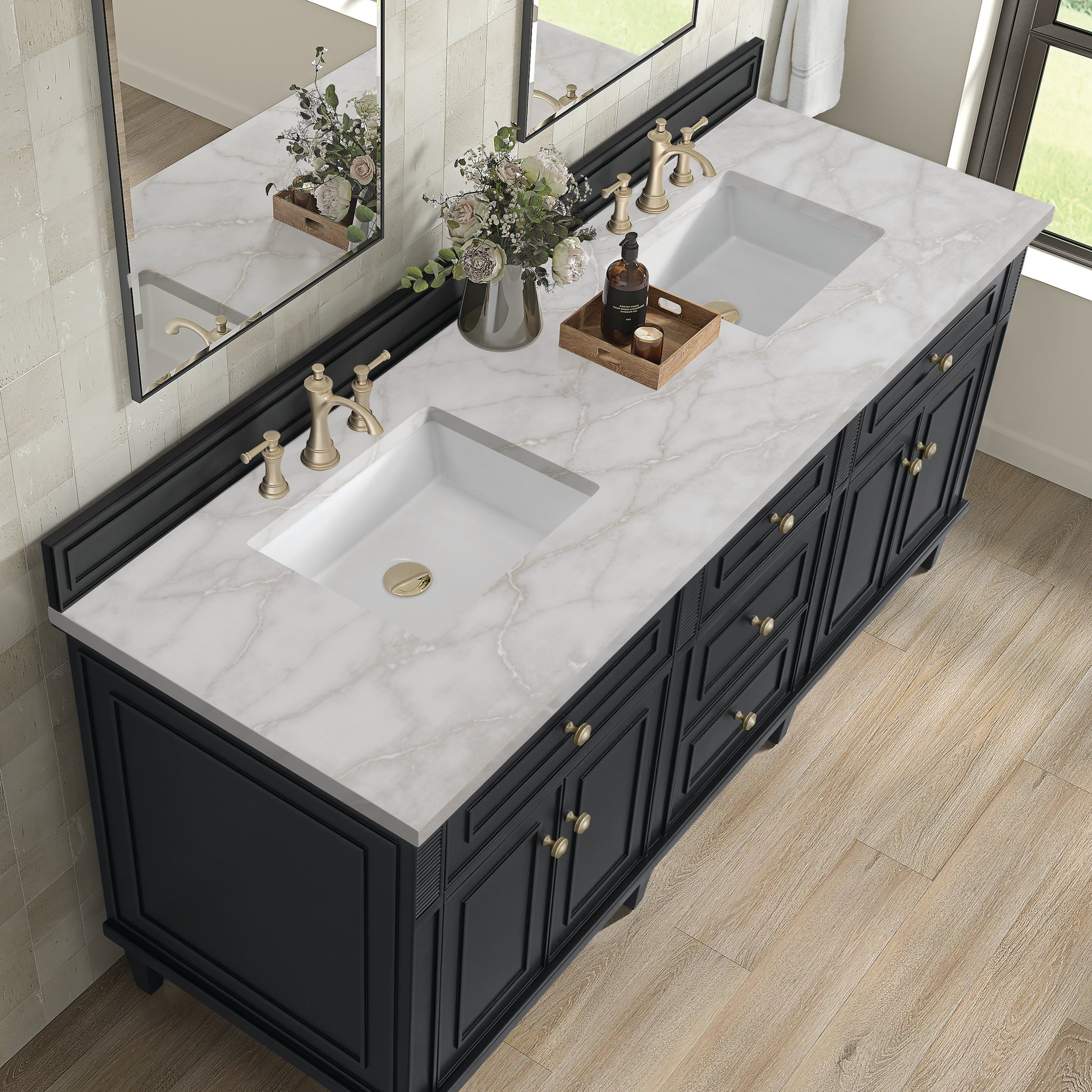 Renovate for Less Atlanta Lorelai 72" Double Vanity, Black Onyx w/ 3 CM Victorian Silver Silestone Top