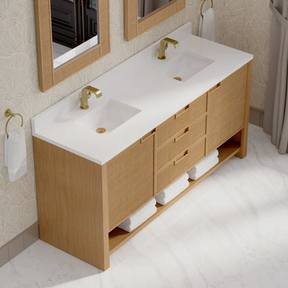 Solene 72" Double Vanity, Seaside Oak, w/ Single Hole 3 CM White Zeus Quartz Top & Backsplash