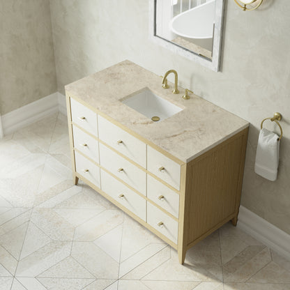 Renovate for Less Atlanta Celeste 48" Single Vanity, Sunwashed Oak with Embossed Shagreen, w/ 3 CM Tajnar Eclos Top w/FreePower Wireless Charger