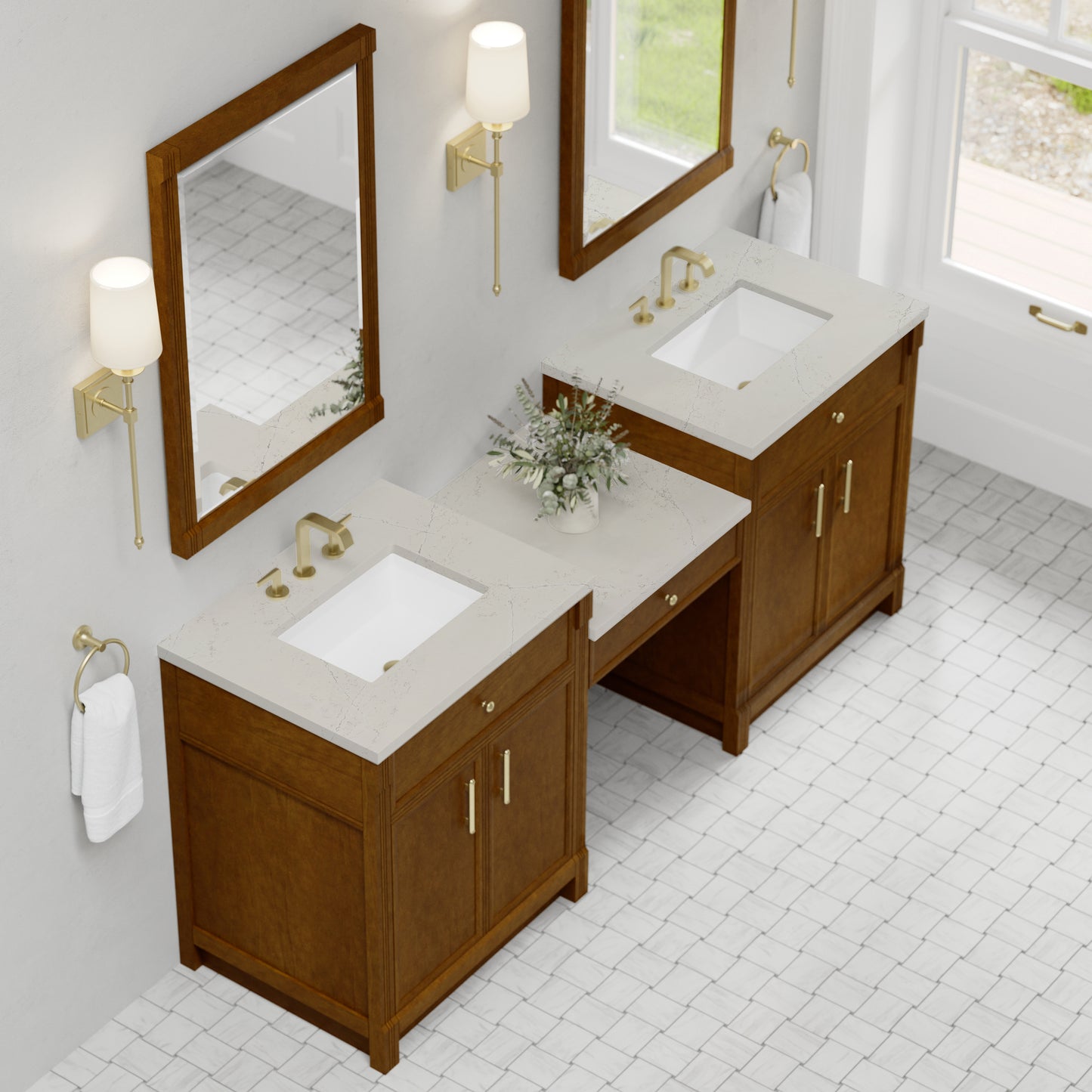 Renovate for Less Atlanta Bellshire 84" Dual Vanity Set with 24" Make-Up Counter, Honey Oak w/3 cm Siberian Silestone Top