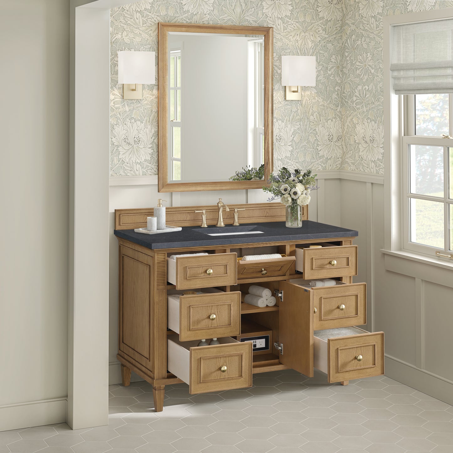 Renovate for Less Atlanta Lorelai 48" Single Vanity, Light Natural Oak w/ 3 CM Charcoal Soapstone Silestone Top